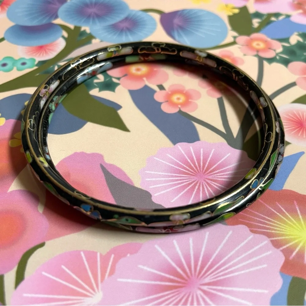 Two vintage cloisonné enamel bangle bracelets black w/ flowers & gold accents